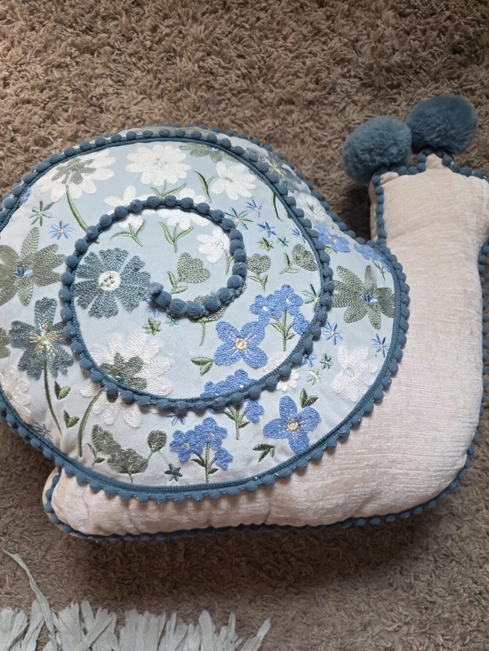 Embroidered Blue Floral Snail Accent Pillow